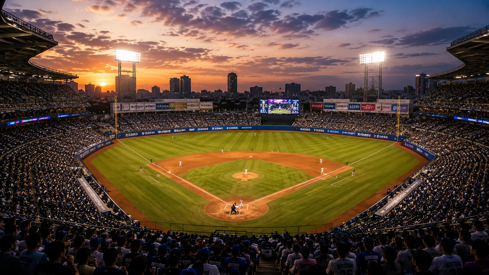 野球スタジアム、夕焼け